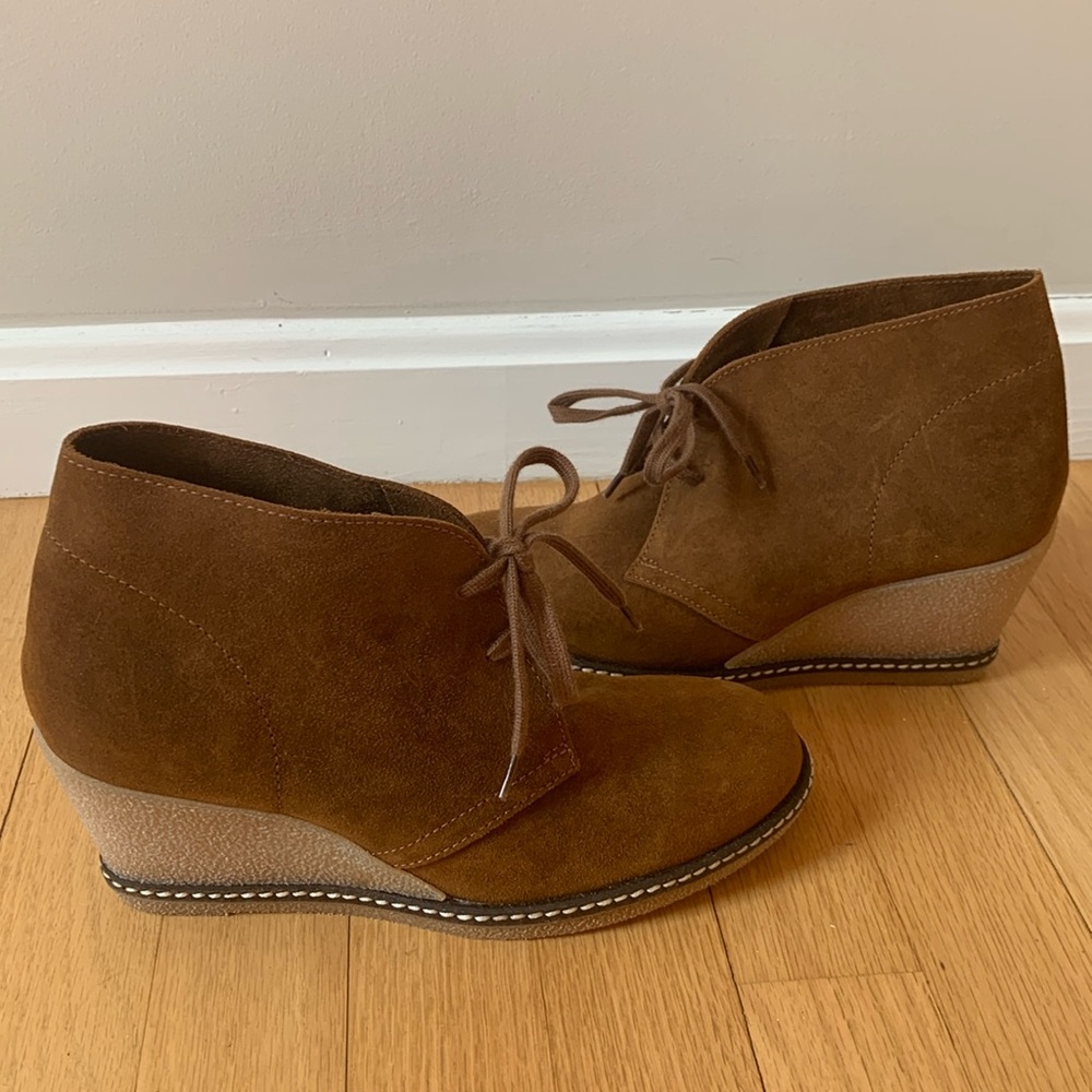 J. Crew McAlister Suede Wedge Lace Up Desert Ankle Boots Cognac Brown Size 7